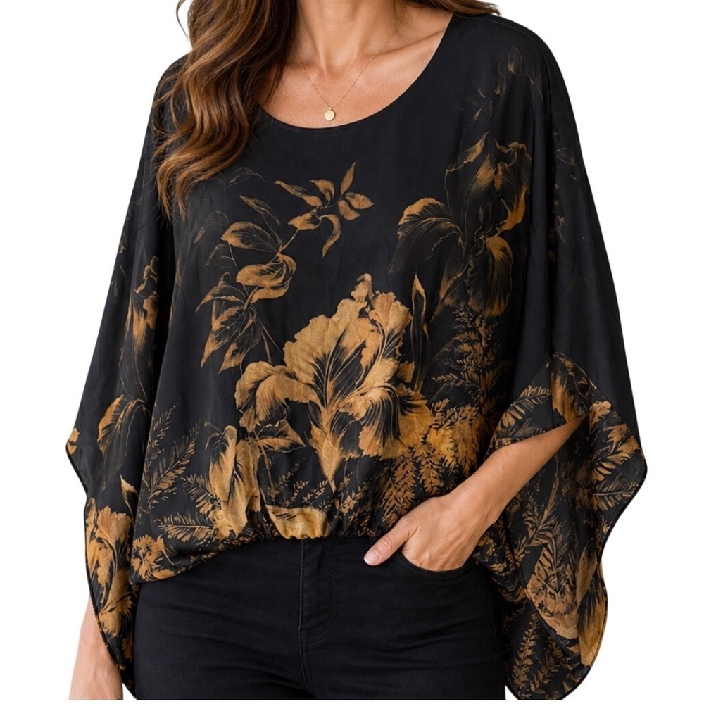 Karen Kane Women Floral Blouson Top Black Gold‎ Rayon Batwing Sleeve Size L